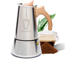 Moka Pot Percolator Inductie 300 ml 6 Kops – RVS Koffiezetapparaat met Houtlook Handvat – Espresso Maker – Leonomics