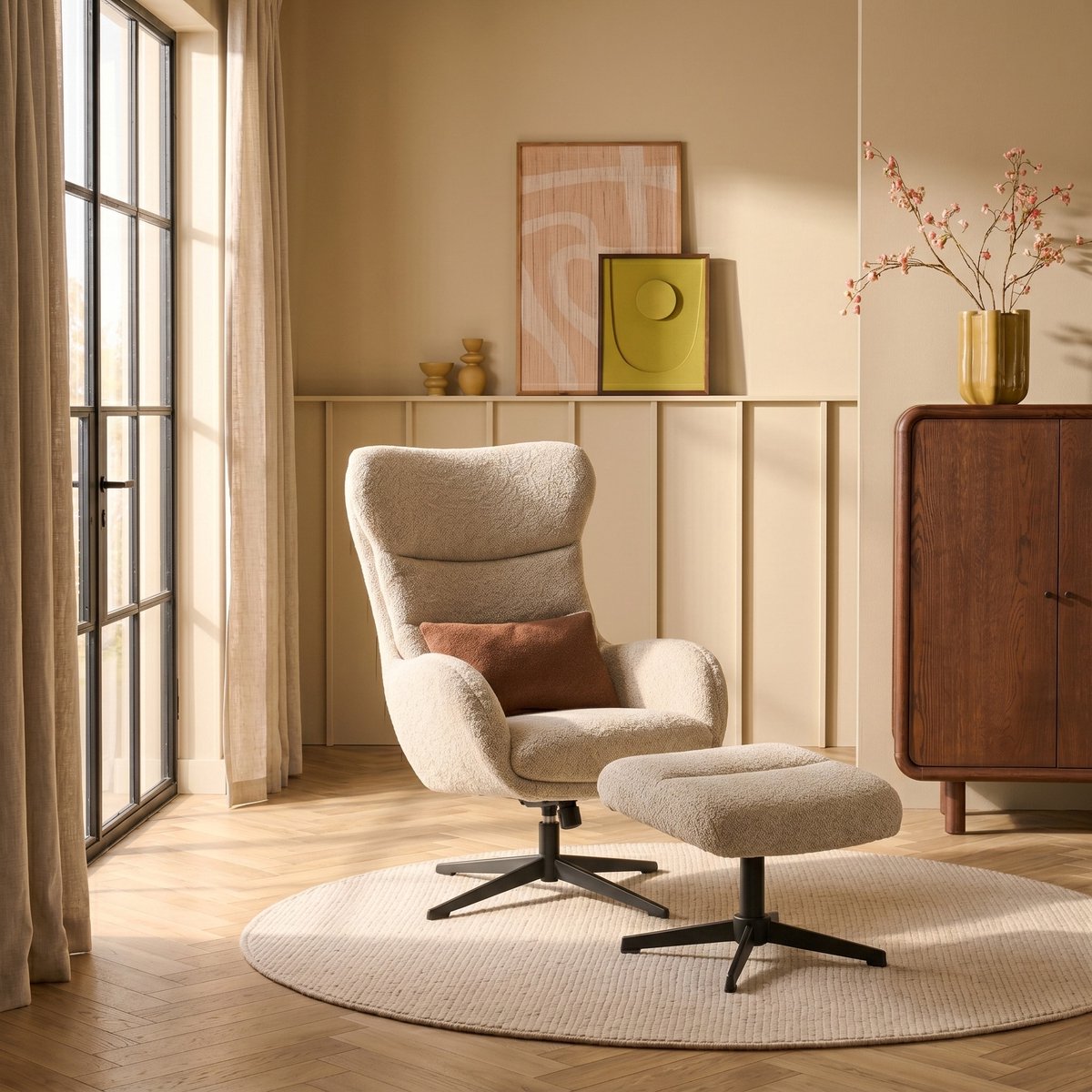 Relaxfauteuil Jack - Inclusief Hocker - Textiel / Metaal - Shell / Metaal - Draaibaar & Verstelbaar