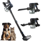 Zwarte steelstofzuiger met blauwe accenten, afgebeeld met een hond en kat.