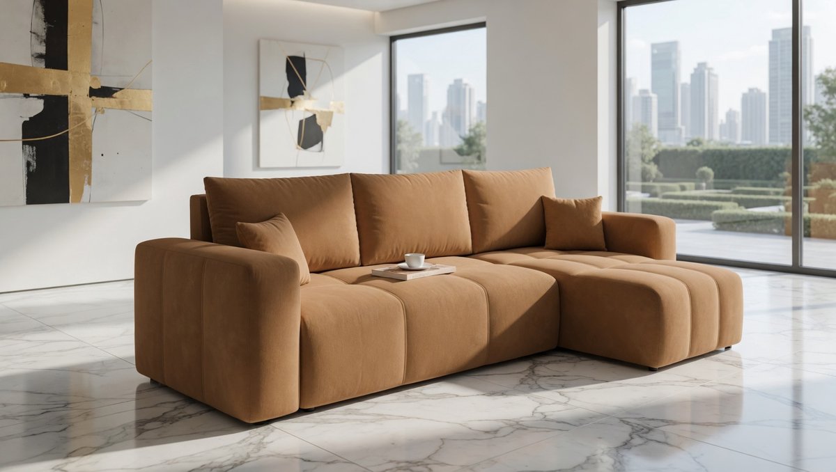 Hoekbank met Slaapfunctie en Bedlade – Arqam GlamourDream L-vorm Slaapbank 3-Zits Uitklapbaar – Modern Glamour Design Links/Rechts – mosterdgeel – 248x145 cm – Luxe Velvet Bankbed