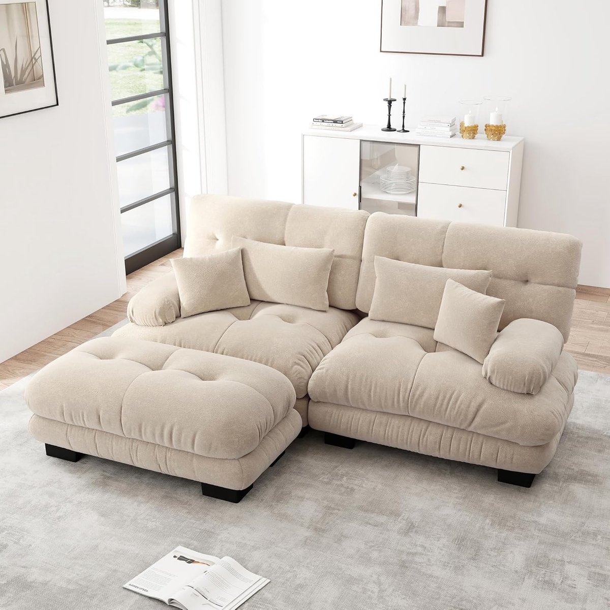 Cloud Comfort Chenille 2-Zits Designbank met Hocker 220x77x81 cm Lichtbruin – Luxe Moderne Woonkamer Sofa