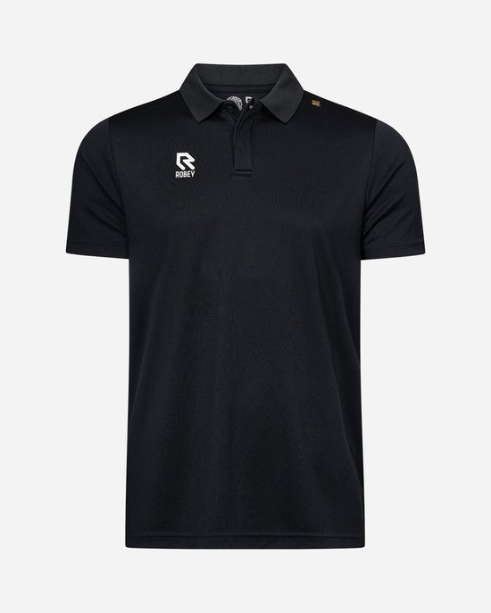 Zwarte Robey poloshirt met wit Robey logo op de borst en een donkergrijs, ingekort kraagje.