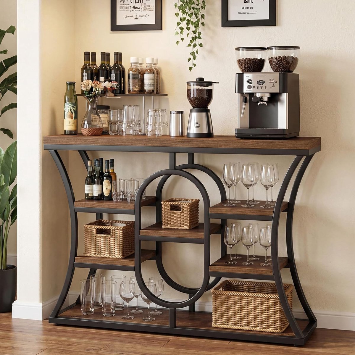 Consoletafel 105x30x80 cm – Industriële Smalle Sidetable met 5 Niveaus en Opbergvakken – Haltafel / Banktafel / Bijzettafel voor Kleine Ruimtes – Bruin – Dader