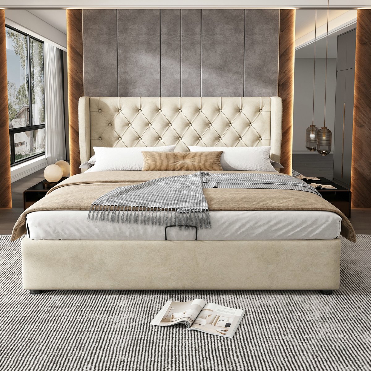 VVBV Bed met opbergruimte 160x200 / Tweepersoonsbed 160x200 – met Hydraulische Opbergruimte, Lattenbodem – Fluweel – Beige – Gestoffeerd Tweepersoonsbed