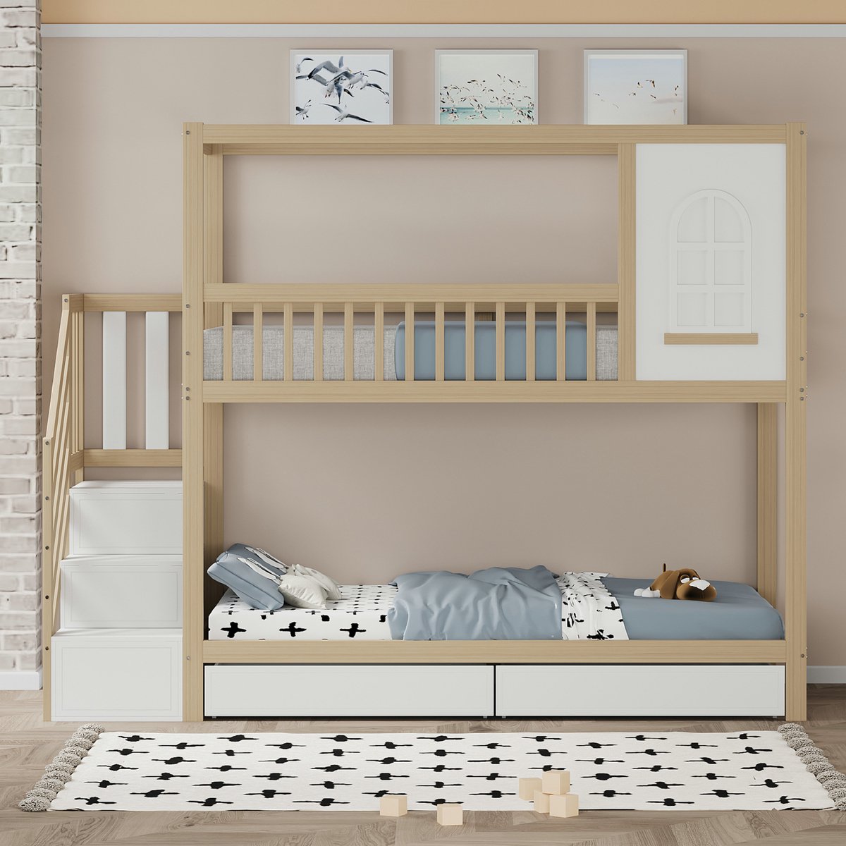 VVBV Stapelbed 90x200 – Kinderstapelbed met Opbergruimte, Lades en Veiligheidshek – Massief Hout – Natuurlijk Hout – Huisdesign met Dak Natural Wood