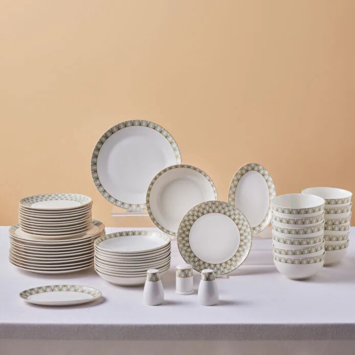 Karaca Forever Bone Emerald 53-Delig Servies – 12 Persoons – Bone China Serviesset – Dinerborden Soepborden Dessertborden