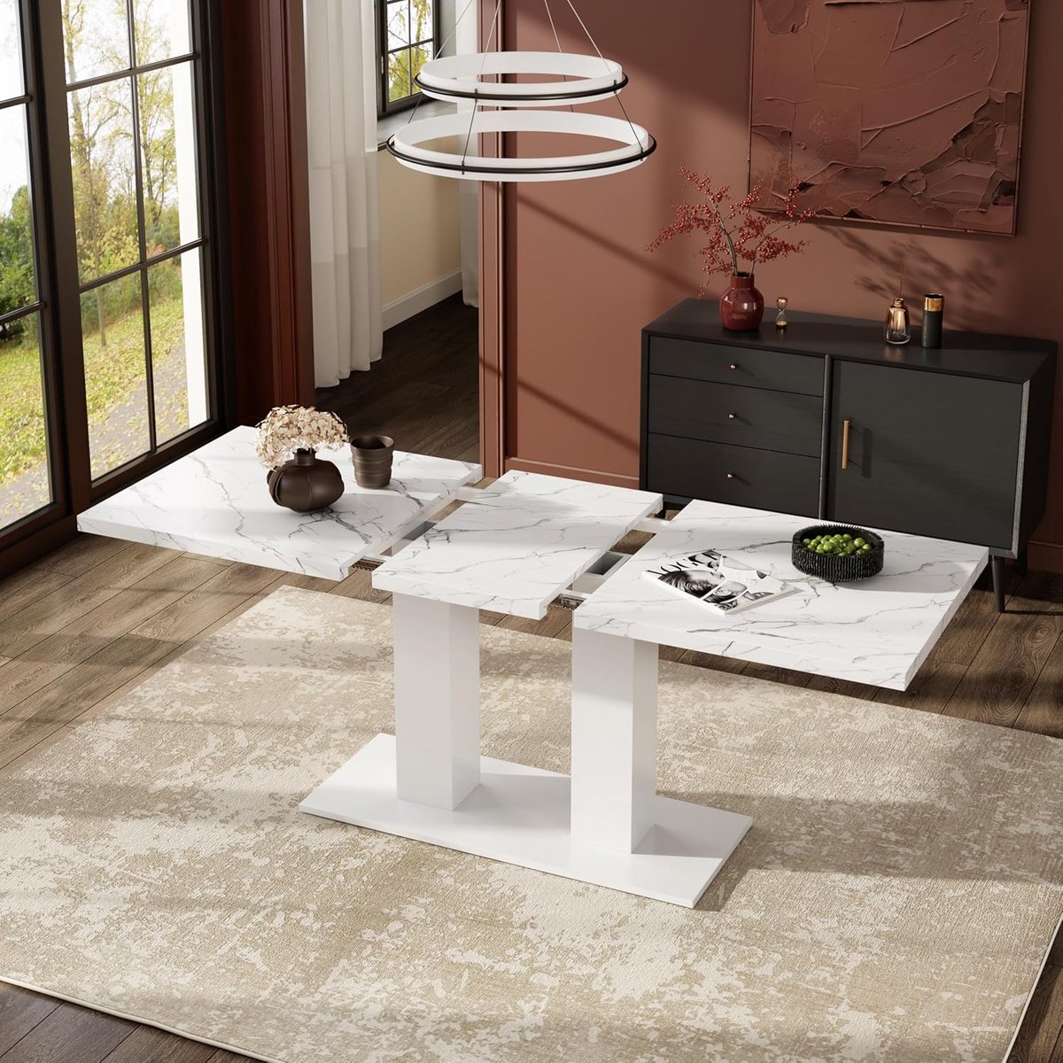 Wiuzo Extendable Dining Table, 140/180 x 70 cm, Suitable for 6-8 People, Rectangular Shape, Thickened Table Top, Simple Style, Table for Dining Room, Kitchen, Living Room, White
