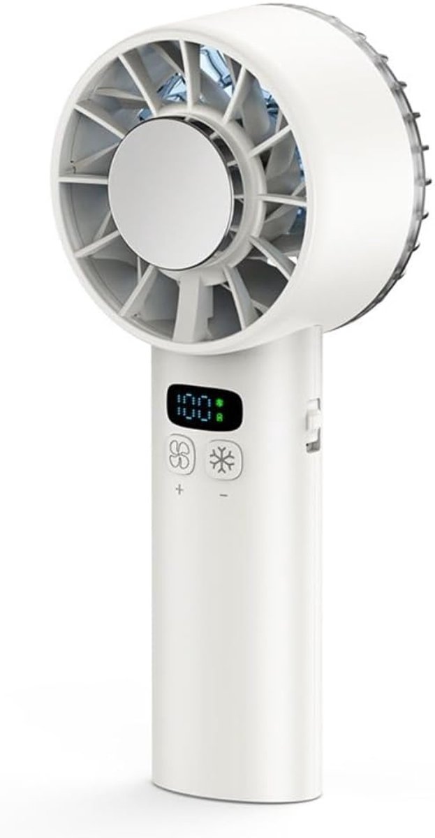 VHV - Handventilator - draagbare mini ventilator voor kantoor, camping en onderweg - met 5200 mAh batterij, koelfunctie en display - wit ABS 17.7 x 6.1 x 5.9 cm