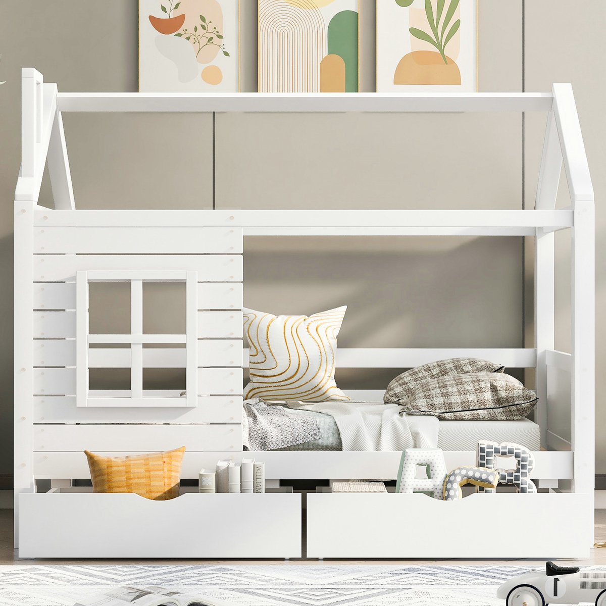 VVBV Huisbed 90x200 – Huisbed 90x200 – Kinderbed 90x200 – Massief Hout – Wit – Lattenbodem – Voor Jongens en Meisjes – Lades – Opbergruimte Wit | Met Ladder | Kinderbed In Huisvorm