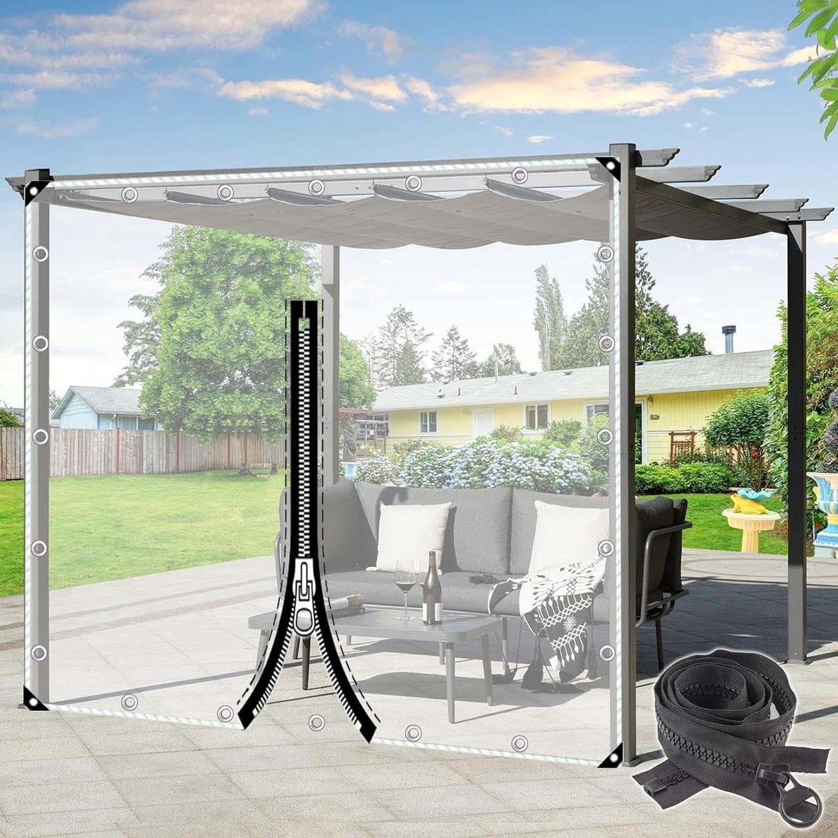 Waterdicht Zeildoek Gordijn - Transparant Zijpaneel - Buitenruimte Beschermen - Met Ritssluiting - 3 x 1.5 meter - Transparant