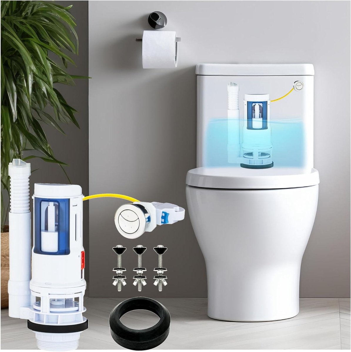 Spoelventiel Set - Toiletreparatie - Water Besparen - Dubbele Spoeling - 2 Inch - Wit