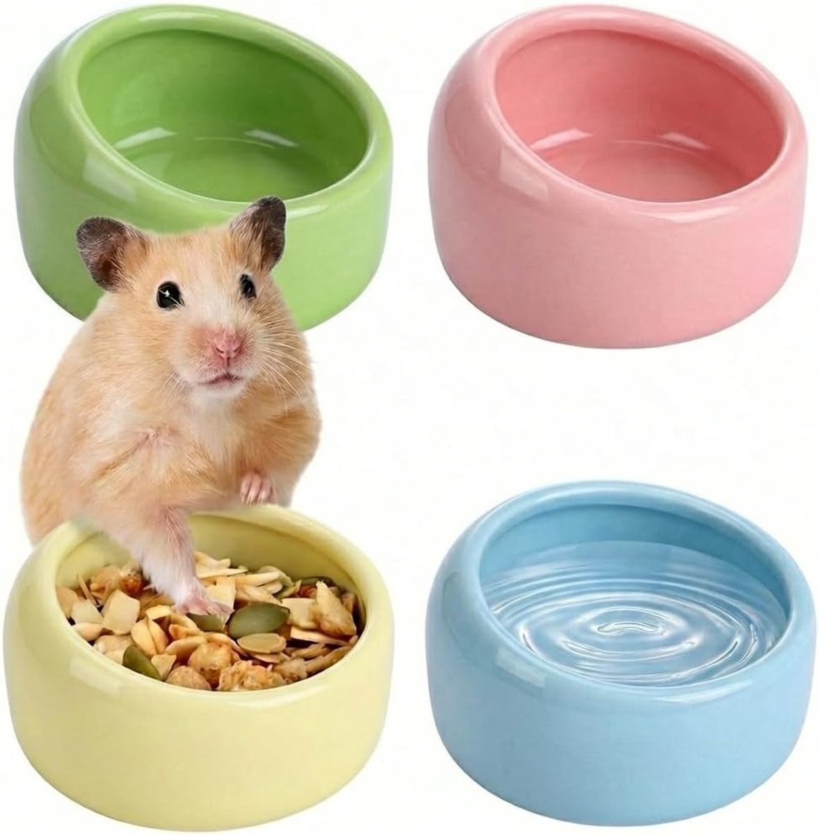 Set van 4 Voerbakken voor Kleine Dieren - Geschikt voor Hamsters, Dwerghamsters, Cavia's en Eekhoorns in 4 Kleuren