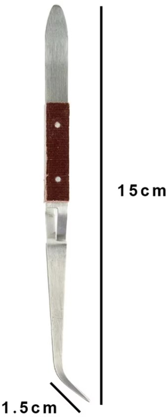 15 cm lange, zelfklemmende pincet met gebogen punt en roodbruine greep.