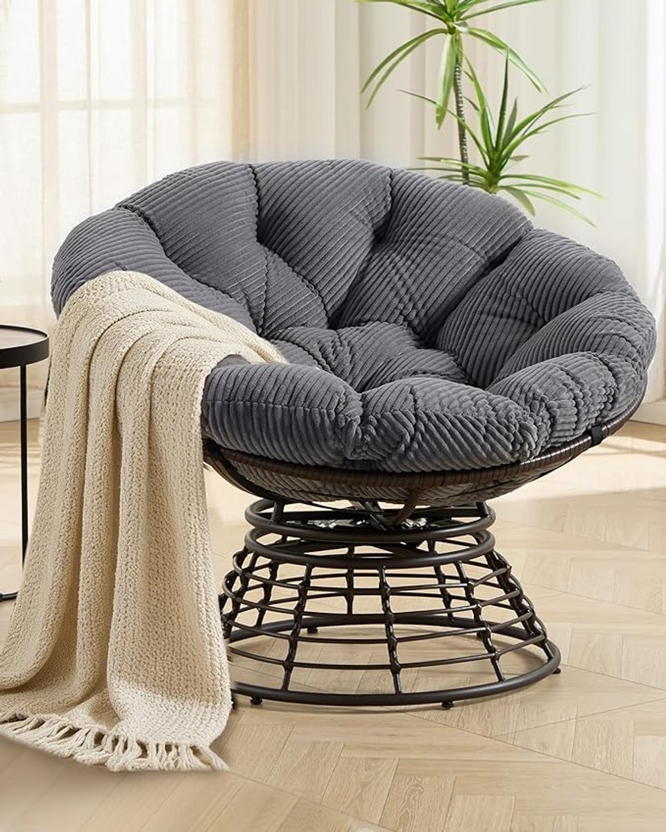 Papasan Stoel 91 cm – Ronde Draaistoel met 360° Rotatie en Dik Cord Kussen, Luxe Rattan Lounge Stoel voor Woonkamer, Balkon en Tuin Khaki – Dader