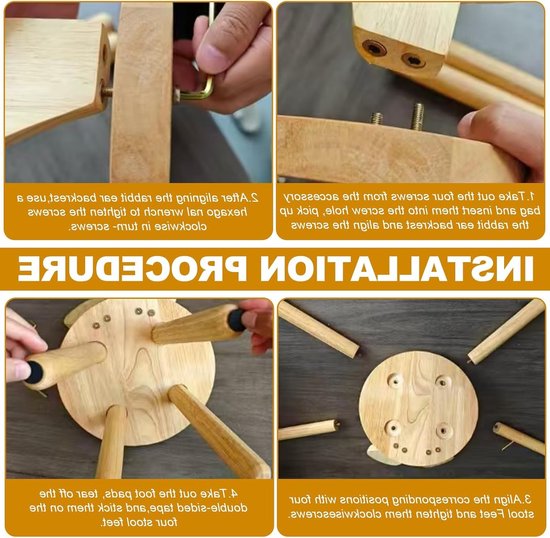 Houten Kinderstoel met Hare Oren, Stevige Constructie, Geschikt voor Kinderen van 1-6 Jaar, 25 cm Zithoogte, Antislip en Stabiliteit voor Peuters in de Kinderkamer, Schattige Stoel voor Creatieve Spelletjes van Merkloos — afbeelding 4