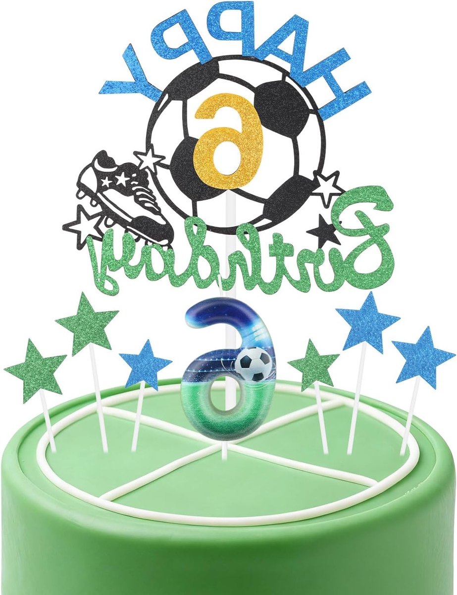 Voetbal Verjaardagskaarsen en Taartdecoraties Set, Kaars met Nummer 6 voor Jongens, Feestelijke Versieringen voor 6e Verjaardag met Voetbalthema in Blauw en Groen