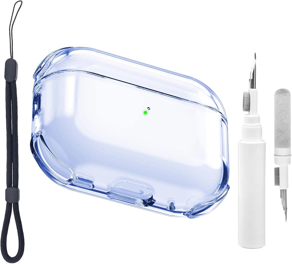 Transparante Beschermcase voor Airpods Pro 3e Generatie met Schoonmaakset, Draagriem en Draadloze Oplading, Schokbestendig en Duurzaam (Blauw)
