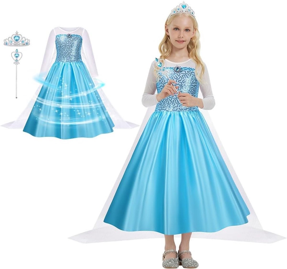 Prinsessenjurk voor Meisjes met Feeënstaf, Tiara en Badge - Sneeuwkoningin Kostuum voor Feestjes en Cosplay