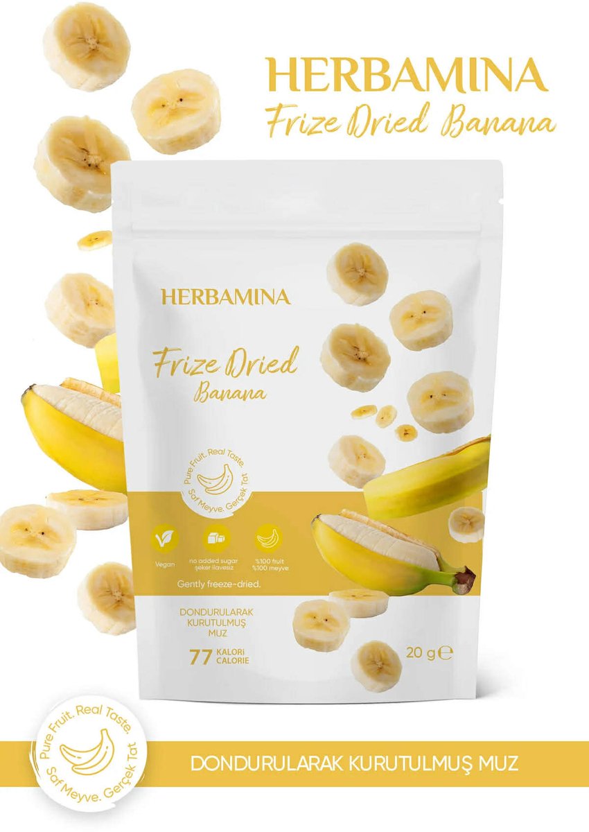 Herbamina Gevriesdroogde Banaan 20g – Freeze Dried Banaan Snack 20g – 100% Fruit – Knapperige Fruit Chips – Vegan & Zonder Toegevoegde Suiker