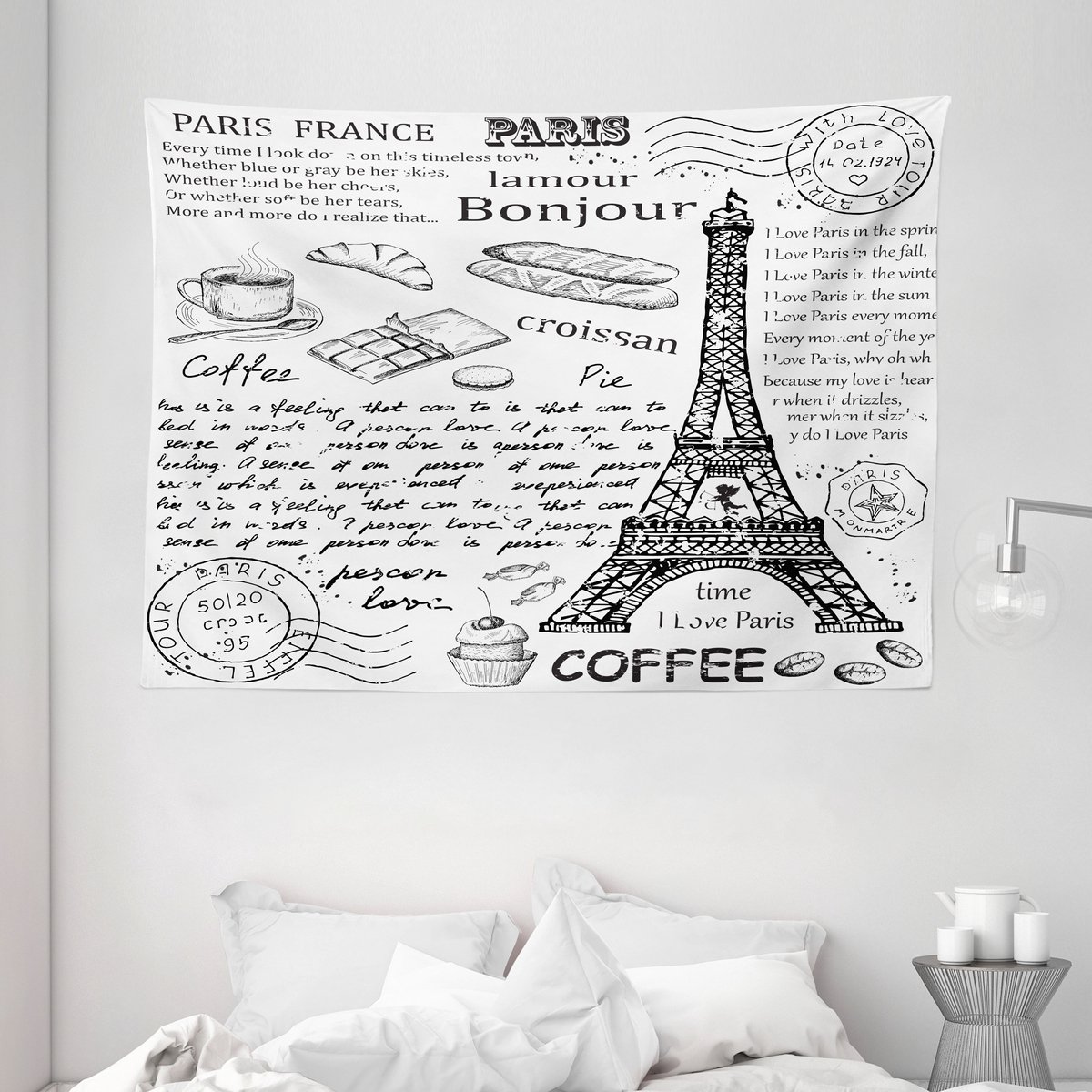 ABAKUHAUS Parijs Wandtapijt, Traditionele beroemde Parijse elementen Bonjour Croissan Koffie Eiffeltoren Print, 150 x 110 cm, Zwart-wit