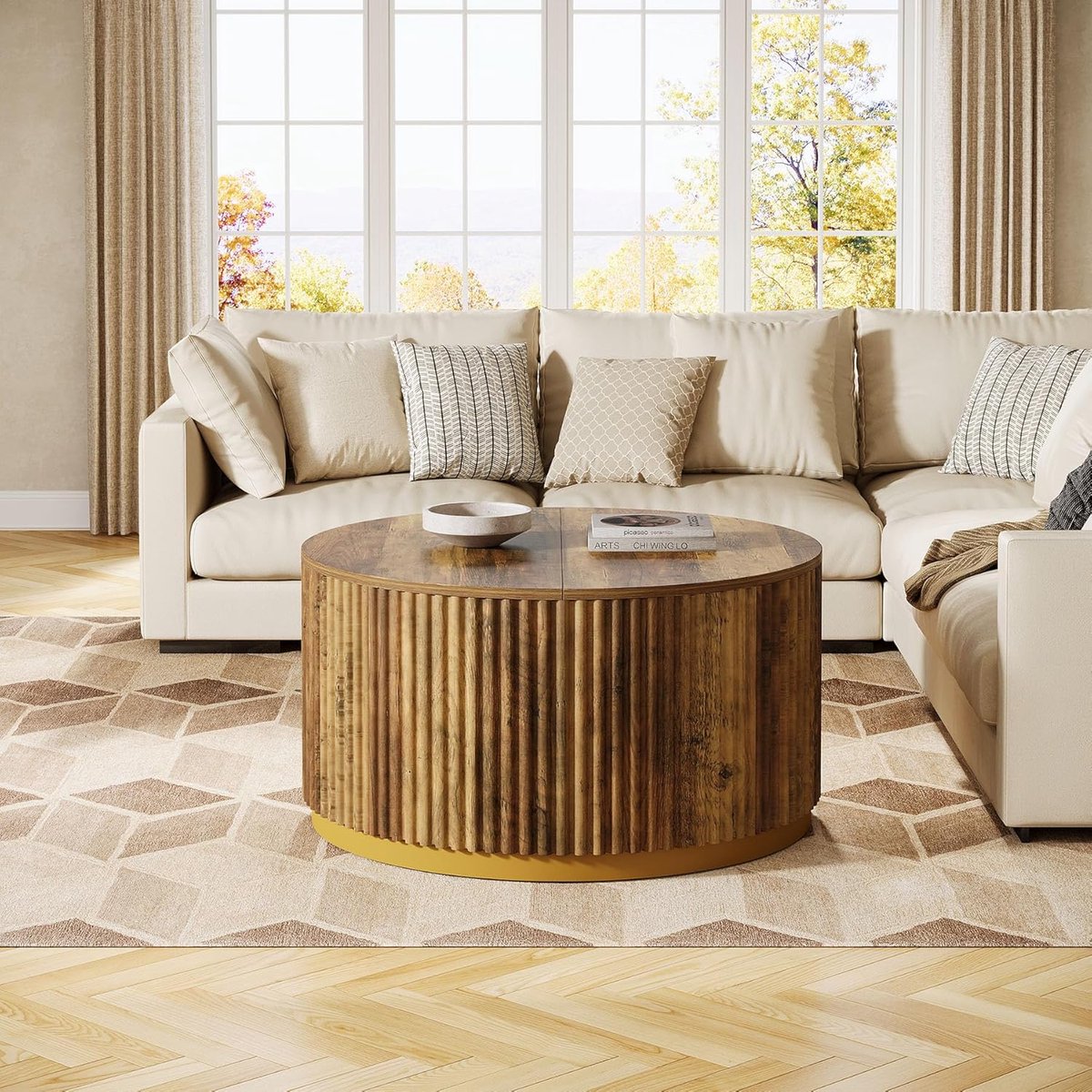 Ronde Salontafel 80x80x50 cm – Luxe Design Koffietafel met Geribbeld Trommel Onderstel en Versterkt Frame – Moderne Houtlook Woonkamertafel / Bijzettafel voor Kleine Ruimtes – Bruin – Dader