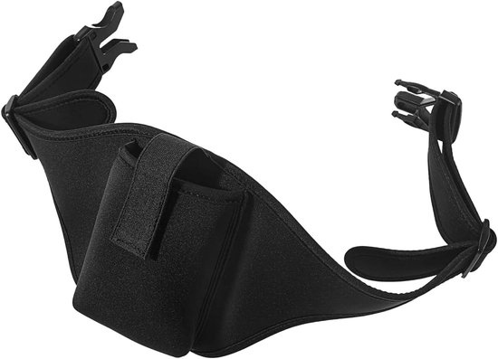 Zwarte neoprene heupband met verstelbare banden en gespen.