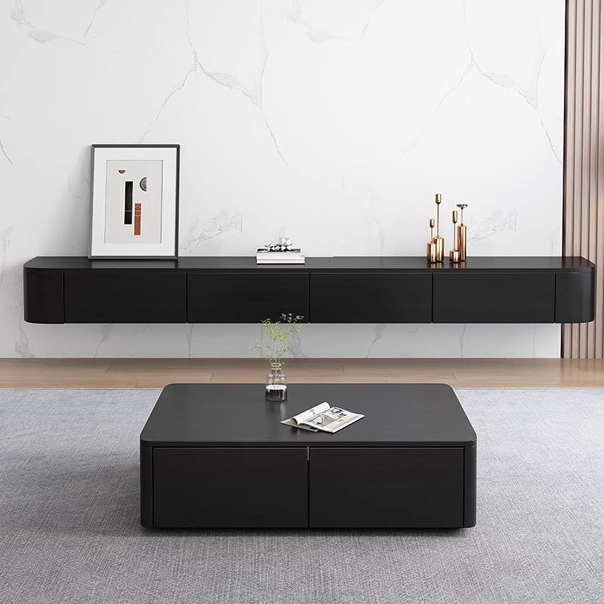 Moderne Zwevende TV-Meubel 180 cm – Wandgemonteerde Hangende TV Kast met Lades en Opbergruimte, Minimalistisch Zwart Design voor Woonkamer