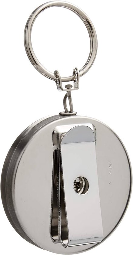 Zilverkleurige, ronde uittrekbare sleutelhanger met clip aan de achterkant en een sleutelring.
