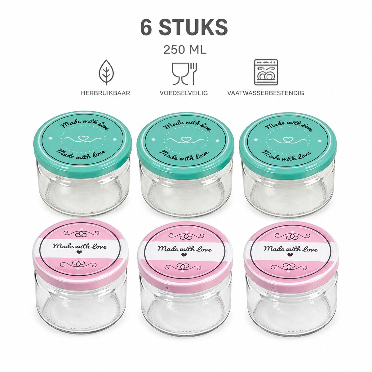 Axentia glazen potjes 250 ml 6 stuks - jam potjes - weckpotten - inmaakpotjes - voorraadpotjes