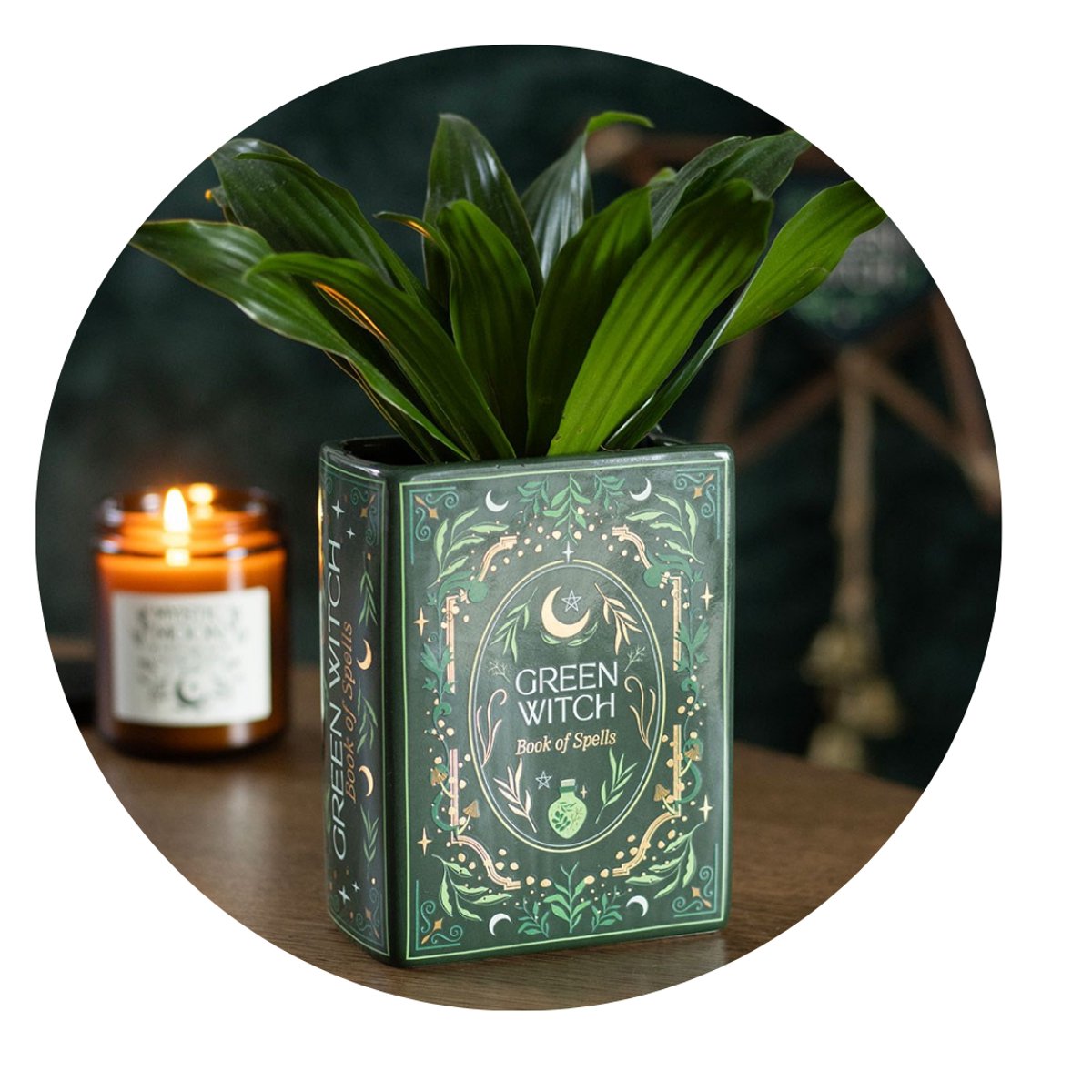 Green Witch Book Shaped Vase