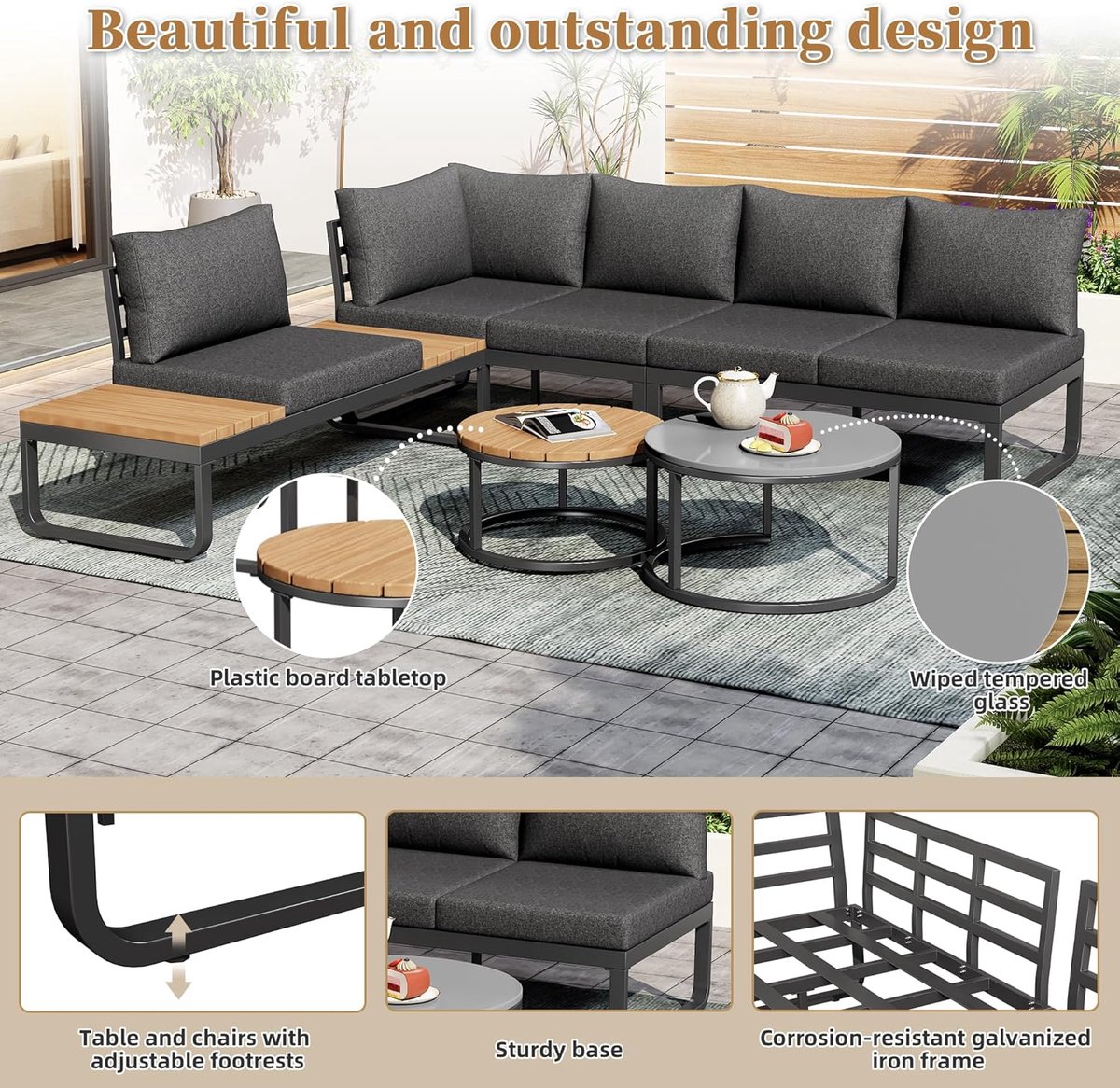 Tuinloungeset 5-delig 123,5x58x66 cm – 4-5 Persoons Loungeset met 2 Banken, Fauteuil, 2 Salontafels & Dikke Kussens – Modern Donkergrijs/Houtlook – Verstelbare Poten – HomebyNicole