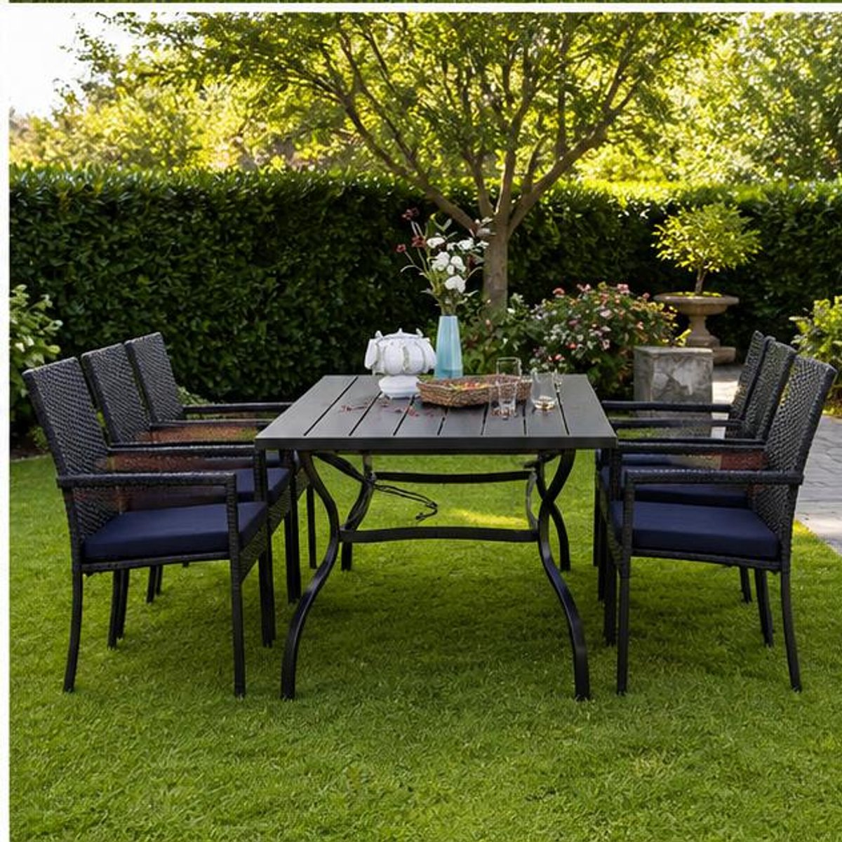 Tuinset 6 Personen – Polyrattan Tuinmeubelset met Eettafel 152 cm en 6 Stoelen, Weerbestendig met Parasolgat voor Tuin en Terras – Dader