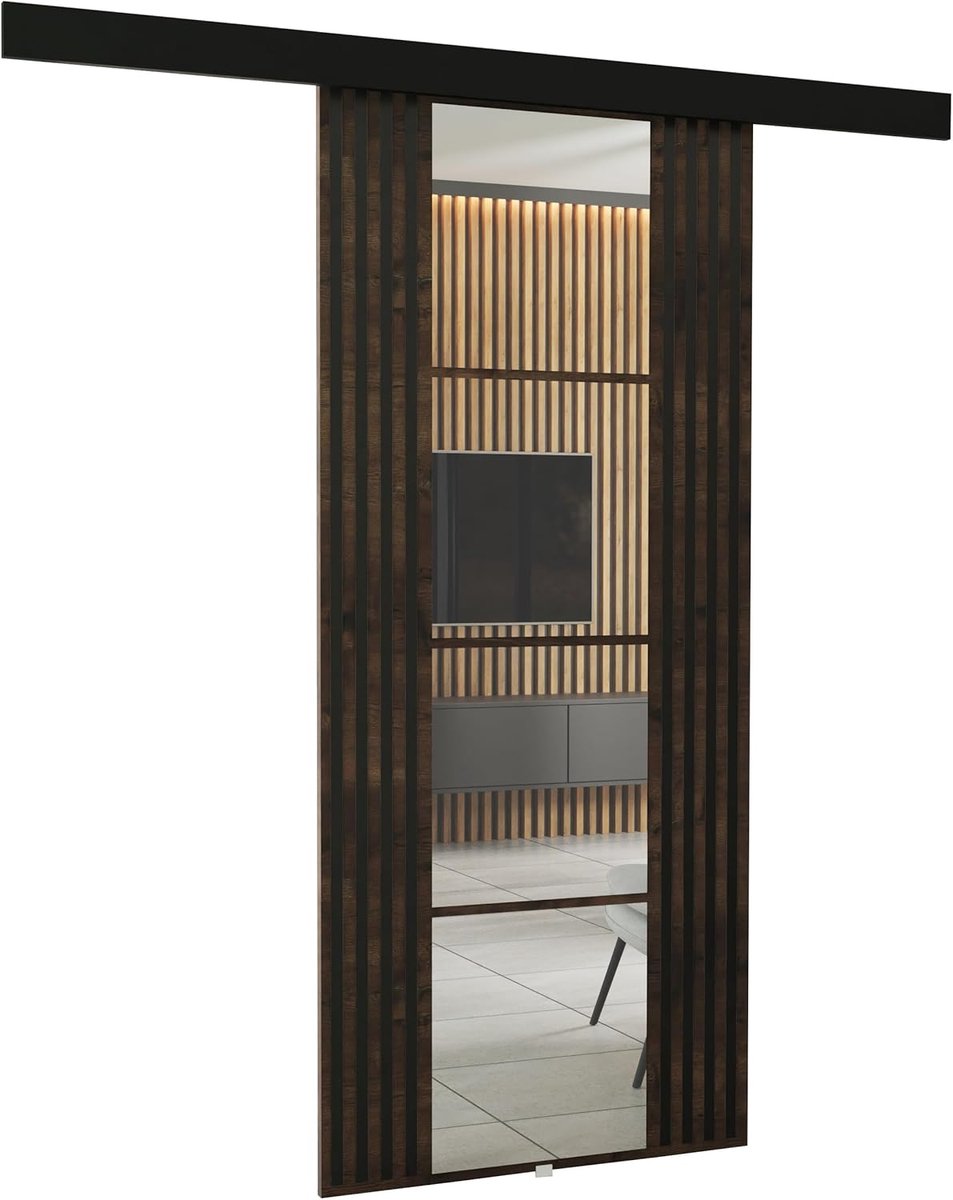 Schuifdeur met Spiegel – Wand Schuifdeuren 96x205x1.6 cm – Complete Railset met Metalen Schuifsysteem & Frame – Moderne Kamer- en Kastdeur in Donker Essen – Faisal
