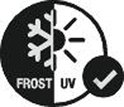 Pictogram met een sneeuwvlok en zon, met tekst 'FROST' en 'UV' en een vinkje.