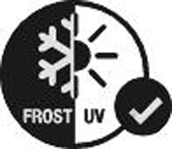 Pictogram met een sneeuwvlok en zon, met tekst 'FROST' en 'UV' en een vinkje.