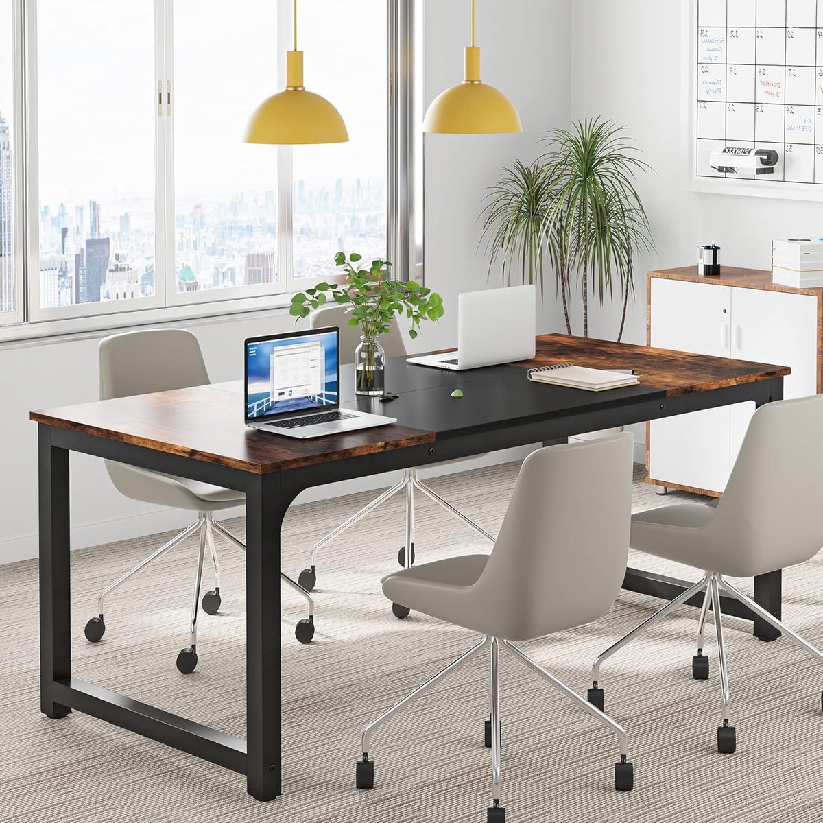 Bureau 160 x 80 x 75 cm grote computertafel set van 2 – industriële werktafel met stabiel metalen frame, bureautafel voor thuiskantoor, kantoor en vergaderruimte – rustiek bruin zwart – Dader