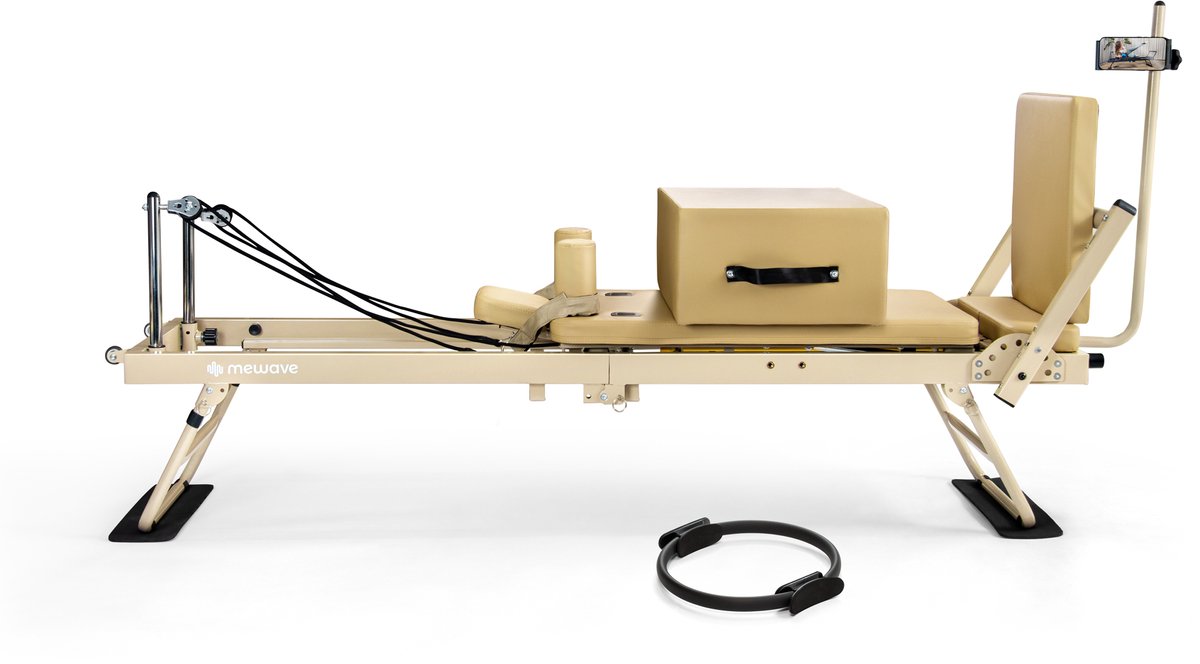 BUNDEL: Mewave© Pilates Reformer PRO set – Reformer, Jumpboard, Box & Ring – Inklapbaar & Verstelbaar – Voor Thuis & Studio – Met Telefoonhouder & App met pilates workouts – Beige