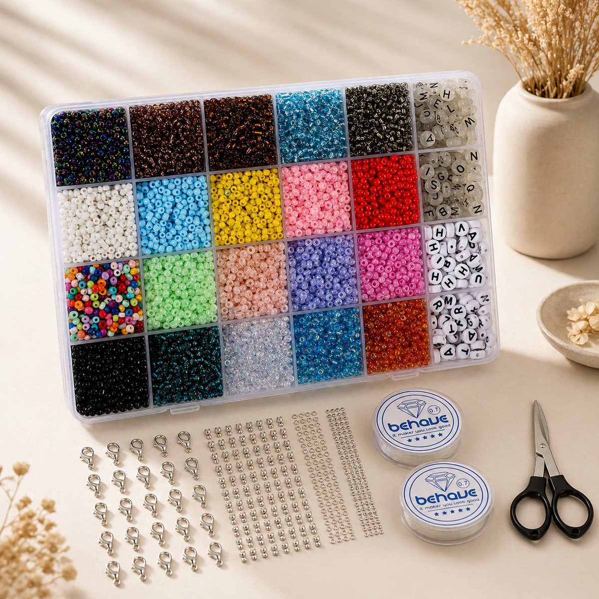Behave 10000 Glaskralen Set Deluxe - DIY Sieraden maken - Kralen Set - Rocailles - Bedels - Letterkralen - 20 Kleuren - 3mm — afbeelding 2