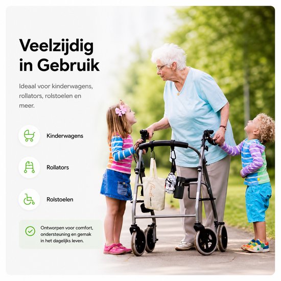 Een oudere vrouw met een rollator en twee kinderen bij een kinderwagen in een park.