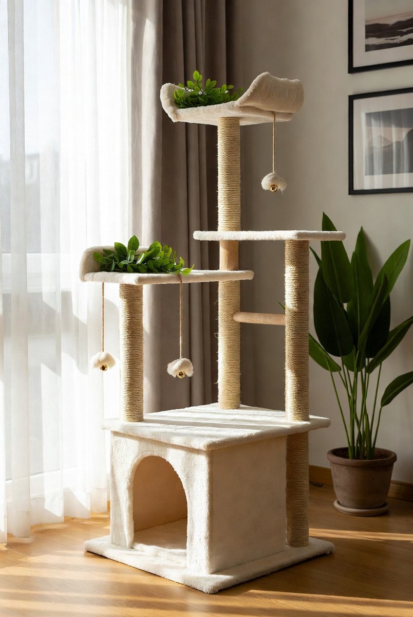 XXL Jungle Krabpaal 195 cm – Kattenboom met 5 niveaus, Kunstplanten, Kattenhuis, Sisalpalen & Trap – Luxe Klim- en Speelboom voor Binnenkatten – Stabiel Houten Design – Groen/BruinGaneey