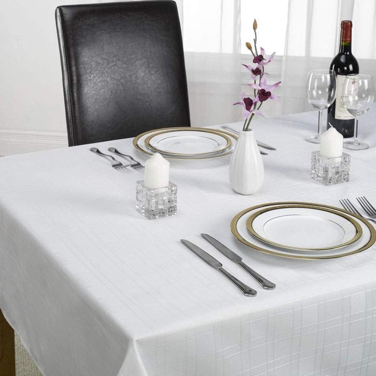 Tafelkleed Rond - Jacquard Plaid - Feestelijk Dekt - Modern Design - 178 cm - Wit