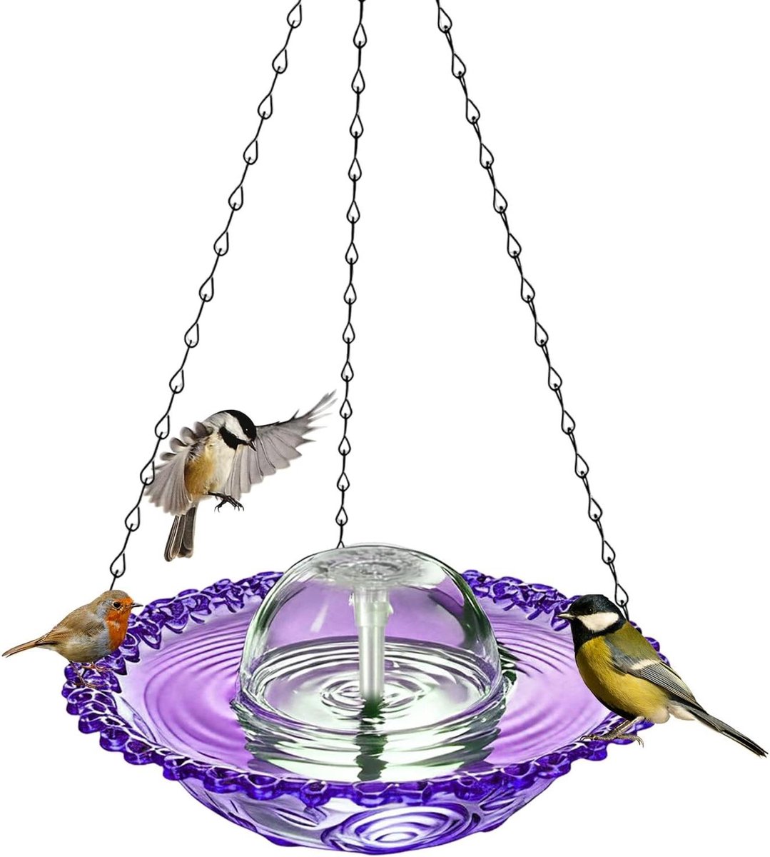 Vogelbad met fontein - Tuindecoratie water - Vogels lokken - Stil pompsysteem - 25x25x6 cm - Paars