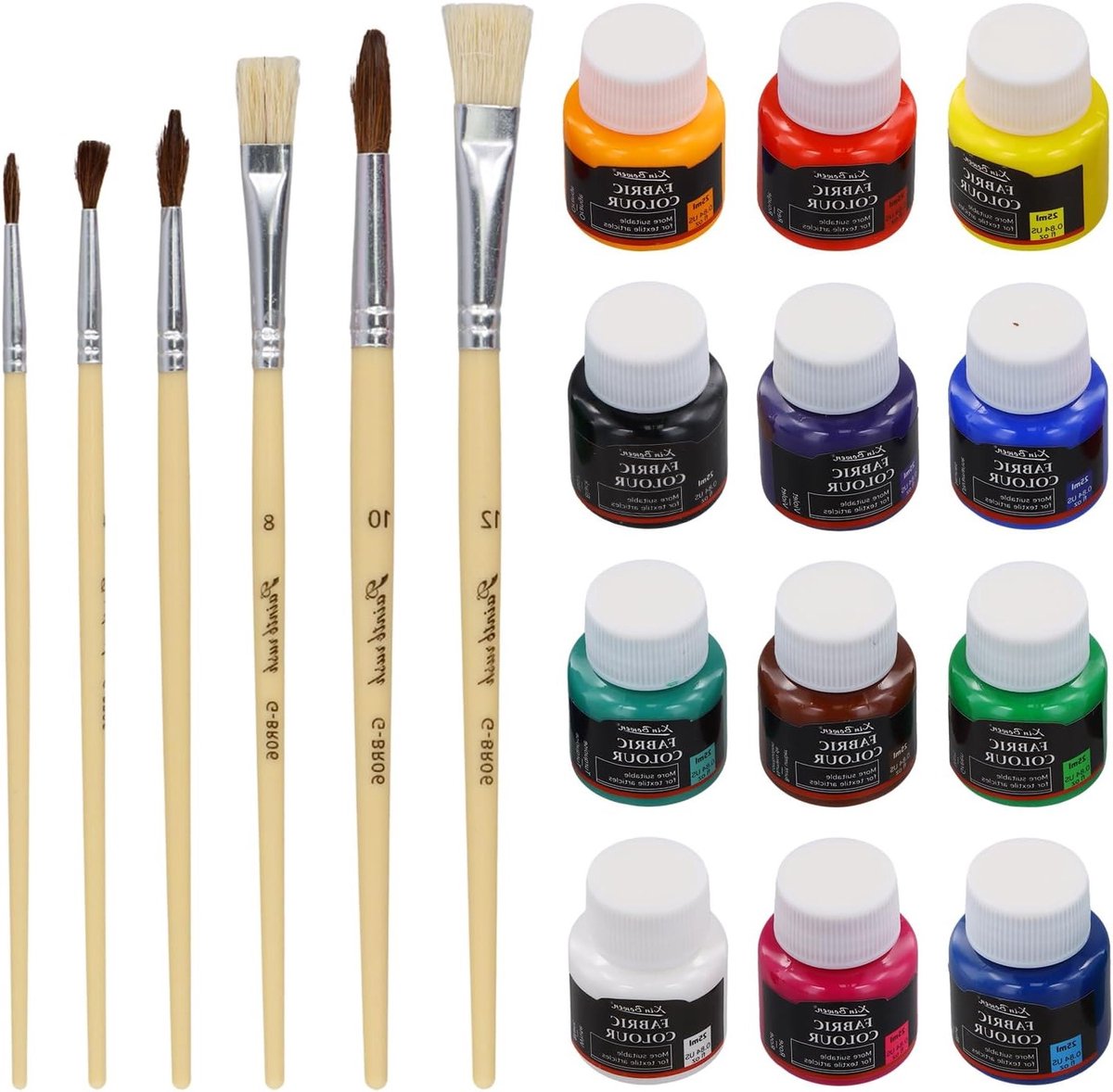 Set van 12 Wasbare Textielverf van 25 ml met 6 Penseelkwasten - Niet-toxische Kleur voor T-Shirts, Jeans en Alle Stoffen, Ideaal voor Volwassenen en Beginners
