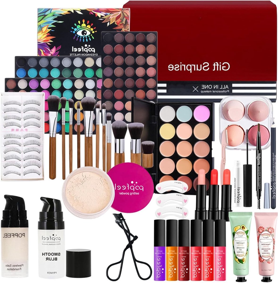 Complete Make-up Set voor Vrouwen met Oogschaduwpalet, Lippenstift, Eyeliner, Mascara en Borstels voor een Stralende Look