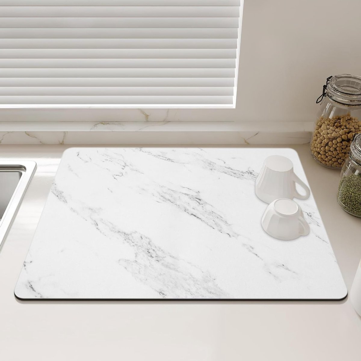 Ronte - Afdruipmat voor servies en koffiezetapparaat - Antislip en sneldrogend - Wit marmer - Keuken en badkamer - Onderlegger