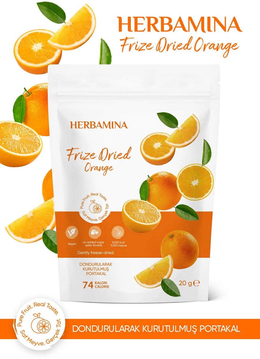 Herbamina Gevriesdroogde Sinaasappel 20g – Freeze Dried Orange Snack – 100% Fruit – Knapperige Fruitsnack – Zonder Toegevoegde Suikers – Vegan