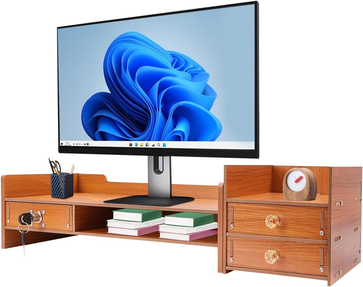 Monitorstandaard Hout - Bureauverhoger Lades - Bureau Organisatie - Met Opbergvakken - 655 cm Lengte - Zwart