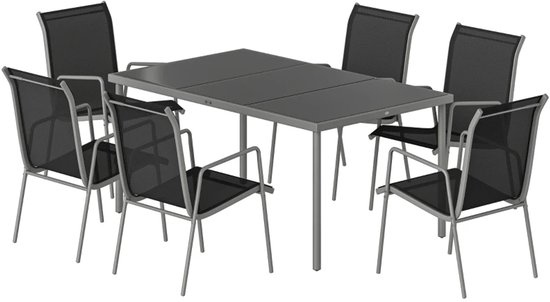 Tuinset - 7-delige Zitgroep - met 1 Tuintafel van Veiligheidsglas & 6 Stapelbare, Ademende Stoelen - Tuinmeubelset voor 6 Personen - Tuintafelset - Tuin Eetset - Diningset - Zitset - voor Terras, Balkon, Tuin - Zilver + Zwart
