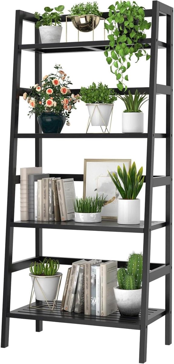 Boekenkast Ladder - Opbergrek - Woonkamer Decoratie - Vier Niveaus - 125 cm Hoog - Zwart