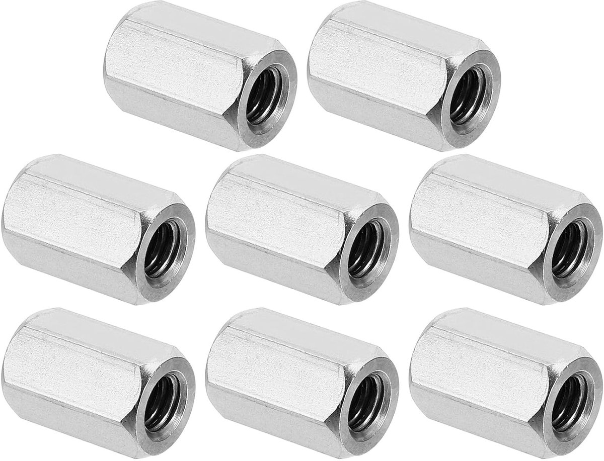 1/4"-20 UNC 304 Rvs Hex Clutch Moeren - 8 Stuks Volledig Gewikkelde Stang Koppeling Moer Verbindings Elementen - Zilverkleurig